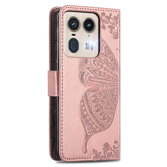 Cu clapetă pentru Motorola Edge 50 Ultra, Butterfly, roz rose gold