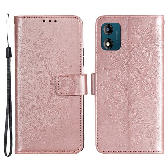 Cu clapetă pentru Motorola Moto E13, Mandala Flower, roz rose gold