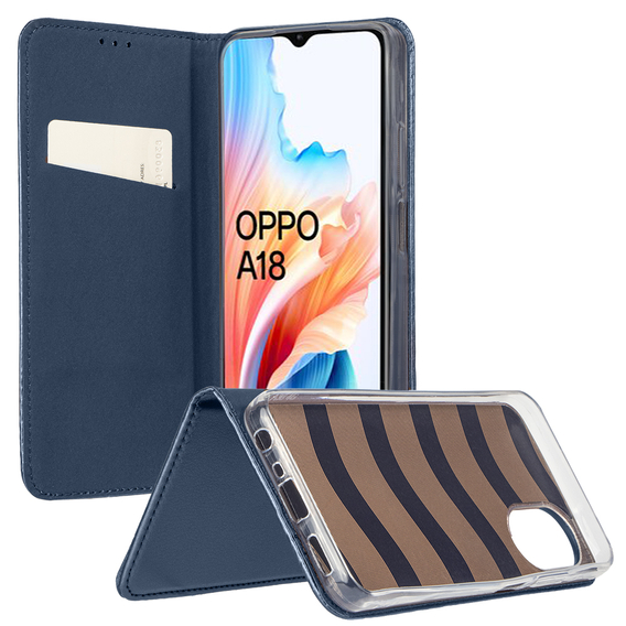 Cu clapetă pentru Oppo A18 4G / A38 4G, Smart Magnetic, albastru închis + sticlă 9H