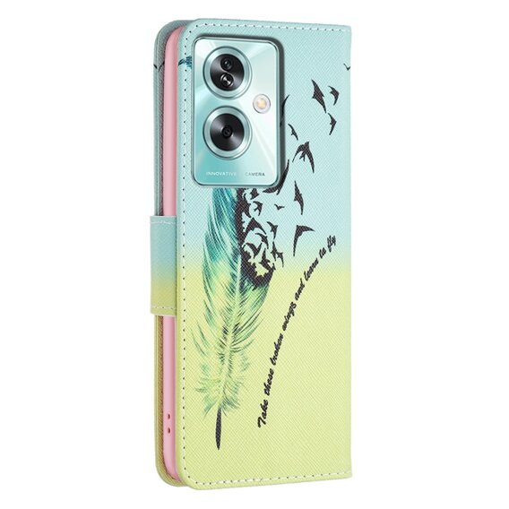 Cu clapetă pentru Oppo A79 5G, Wallet, feather, albastru