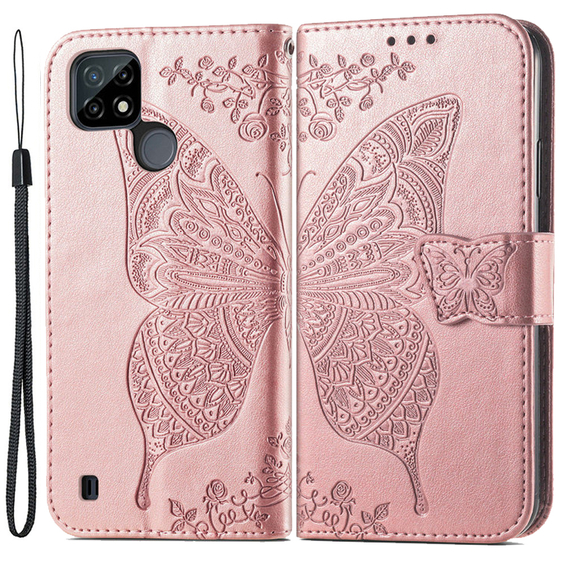 Cu clapetă pentru Realme C21Y / C25Y, Butterfly, roz