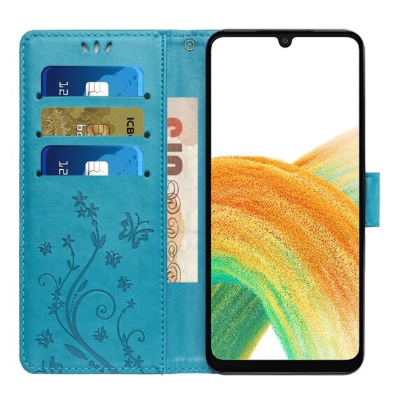 Cu clapetă pentru Samsung Galaxy A25 5G, Butterfly Flower, albastru + sticlă 9H 