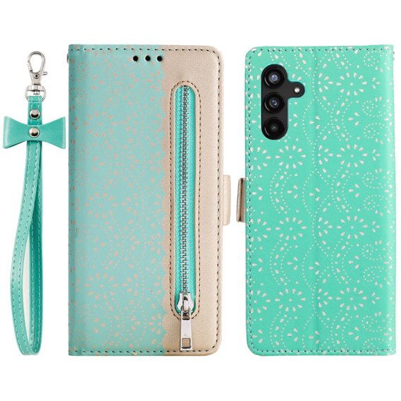 Cu clapetă pentru Samsung Galaxy A34 5G, Wallet Pocket, Zipper Lace, verde