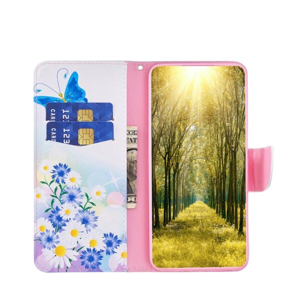 Cu clapetă pentru Samsung Galaxy A35 5G, Wallet, Butterfly & Flowers alb