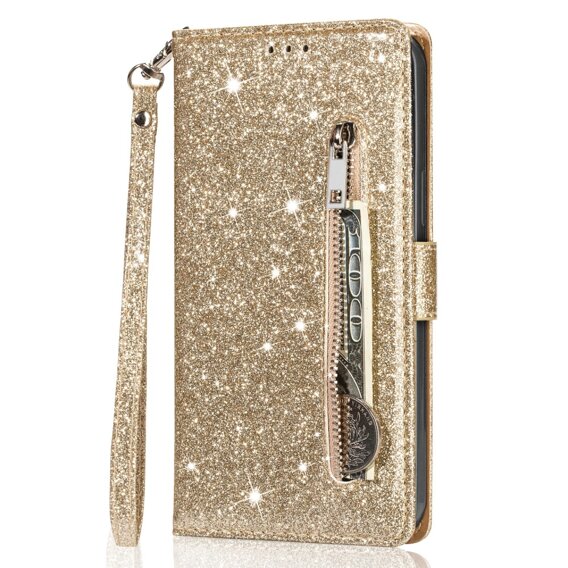 Cu clapetă pentru Samsung Galaxy A35 5G, Wallet Zipper Pocket Glittery, de aur