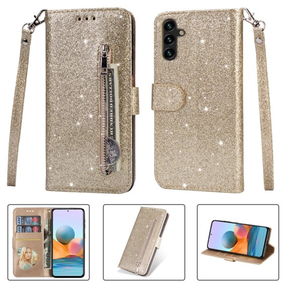 Cu clapetă pentru Samsung Galaxy A35 5G, Wallet Zipper Pocket Glittery, de aur