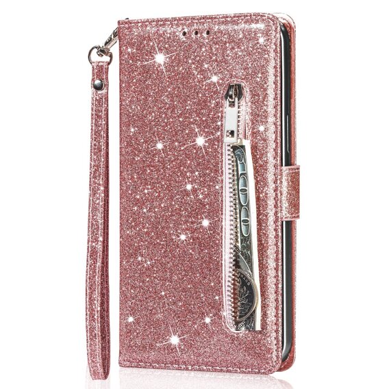 Cu clapetă pentru Samsung Galaxy A35 5G, Wallet Zipper Pocket Glittery, roz rose gold