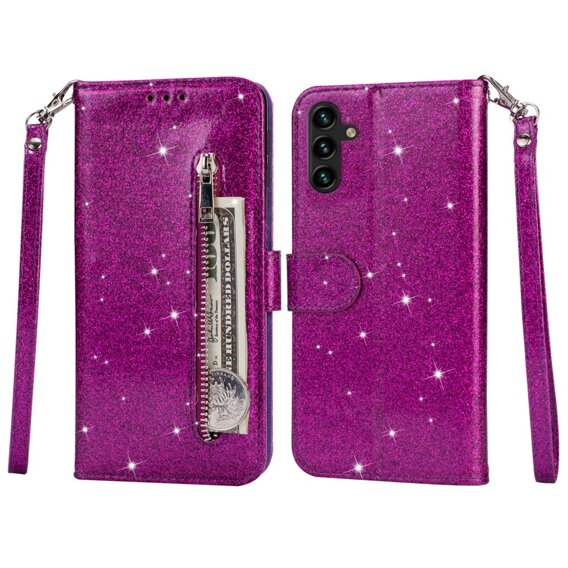 Cu clapetă pentru Samsung Galaxy A35 5G, Wallet Zipper Pocket Glittery, violet