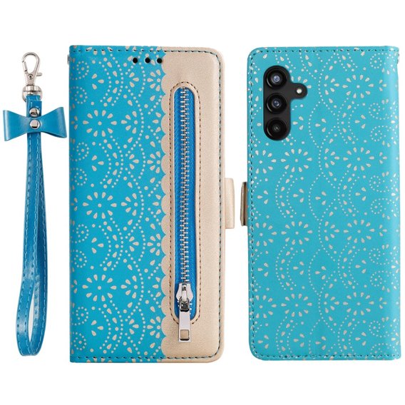 Cu clapetă pentru Samsung Galaxy A54 5G, Wallet Pocket, Zipper Lace, albastru