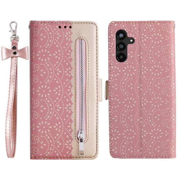 Cu clapetă pentru Samsung Galaxy A54 5G, Wallet Pocket, Zipper Lace, roz