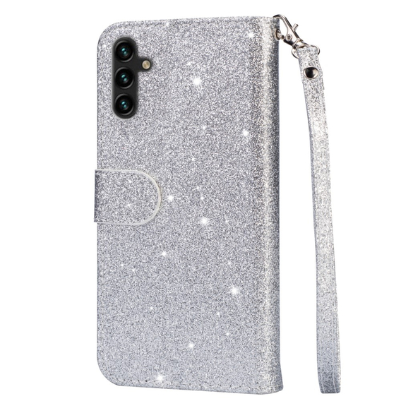 Cu clapetă pentru Samsung Galaxy A55, Wallet Zipper Pocket Glittery, de argint