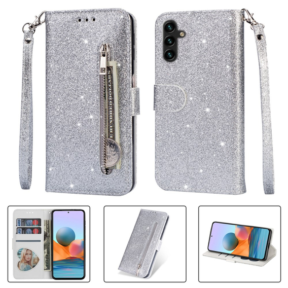 Cu clapetă pentru Samsung Galaxy A55, Wallet Zipper Pocket Glittery, de argint