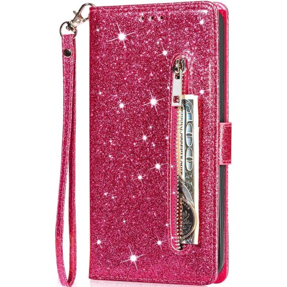 Cu clapetă pentru Samsung Galaxy A55, Wallet Zipper Pocket Glittery, roz