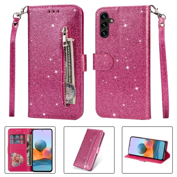 Cu clapetă pentru Samsung Galaxy A55, Wallet Zipper Pocket Glittery, roz