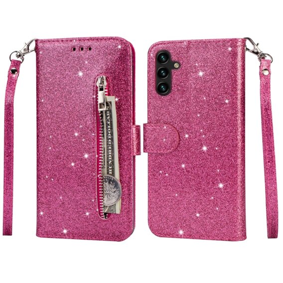 Cu clapetă pentru Samsung Galaxy A55, Wallet Zipper Pocket Glittery, roz