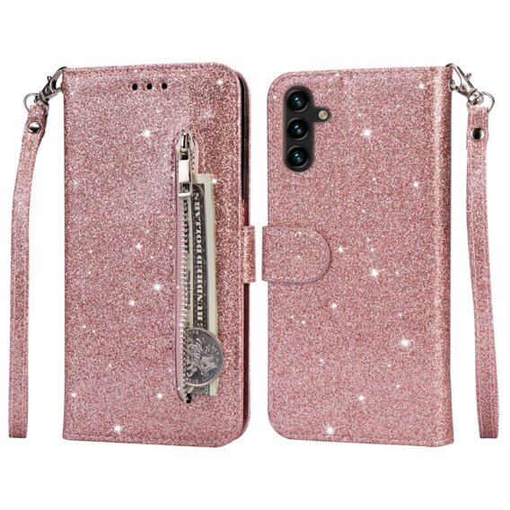 Cu clapetă pentru Samsung Galaxy A55, Wallet Zipper Pocket Glittery, roz rose gold