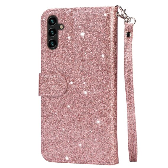 Cu clapetă pentru Samsung Galaxy A55, Wallet Zipper Pocket Glittery, roz rose gold