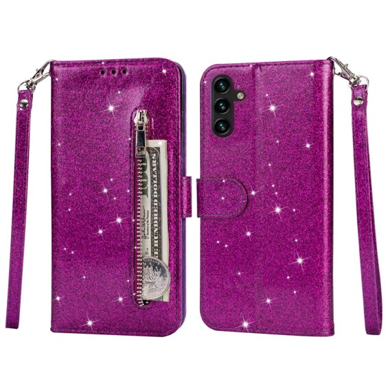 Cu clapetă pentru Samsung Galaxy A55, Wallet Zipper Pocket Glittery, violet