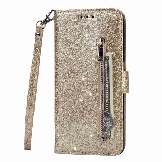 Cu clapetă pentru Samsung Galaxy S24 Ultra, Wallet Zipper Pocket Glittery, de aur