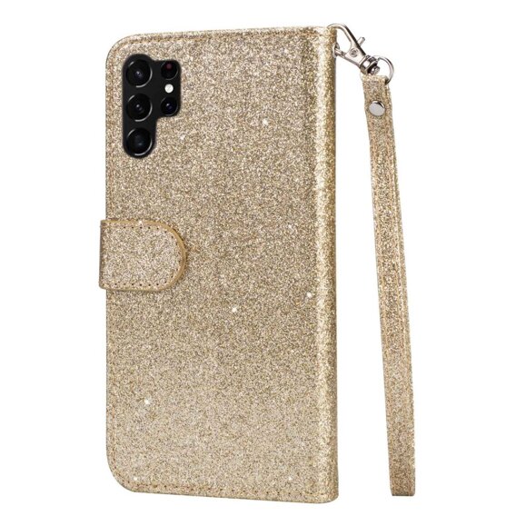 Cu clapetă pentru Samsung Galaxy S24 Ultra, Wallet Zipper Pocket Glittery, de aur