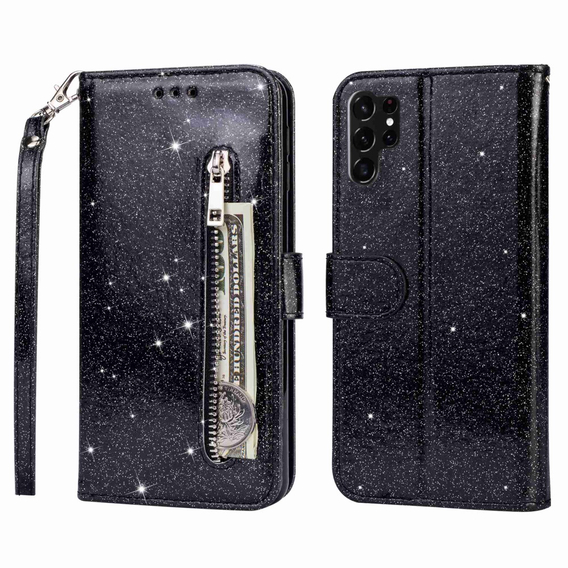 Cu clapetă pentru Samsung Galaxy S24 Ultra, Wallet Zipper Pocket Glittery, negru