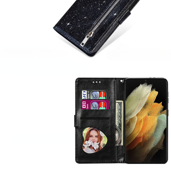 Cu clapetă pentru Samsung Galaxy S24 Ultra, Wallet Zipper Pocket Glittery, negru