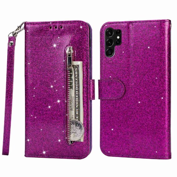 Cu clapetă pentru Samsung Galaxy S24 Ultra, Wallet Zipper Pocket Glittery, violet