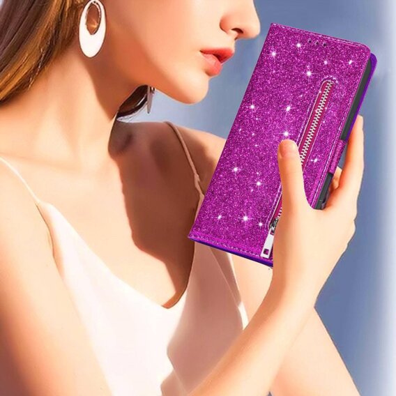 Cu clapetă pentru Samsung Galaxy S24 Ultra, Wallet Zipper Pocket Glittery, violet