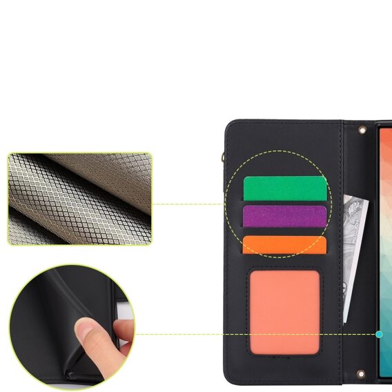 Cu clapetă pentru Samsung Galaxy S24 Ultra, Wallet Zipper Pocket RFID, cu curea de umăr, negru