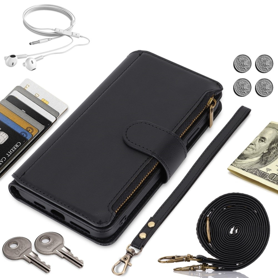 Cu clapetă pentru Samsung Galaxy S24 Ultra, Wallet Zipper Pocket RFID, cu curea de umăr, negru