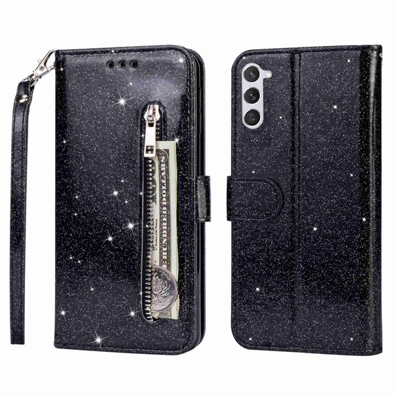 Cu clapetă pentru Samsung Galaxy S24, Wallet Zipper Pocket Glittery, negru