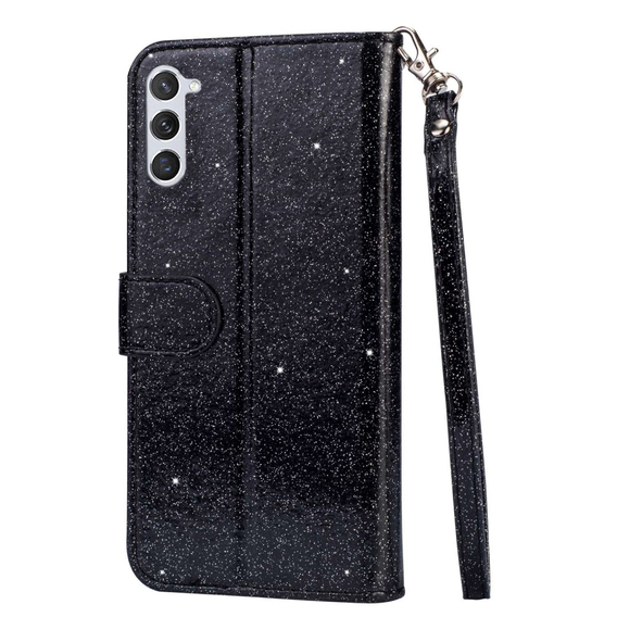 Cu clapetă pentru Samsung Galaxy S24, Wallet Zipper Pocket Glittery, negru