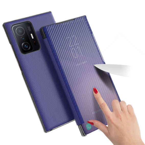 Cu clapetă pentru Xiaomi 11T / 11T Pro, Carbon Fiber Folio Flip, albastru