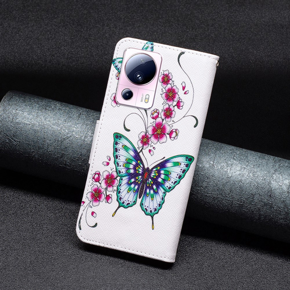 Cu clapetă pentru Xiaomi 13 Lite, Wallet, butterfly & flowers, alb