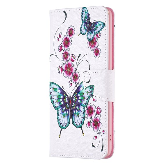 Cu clapetă pentru Xiaomi 13 Lite, Wallet, butterfly & flowers, alb