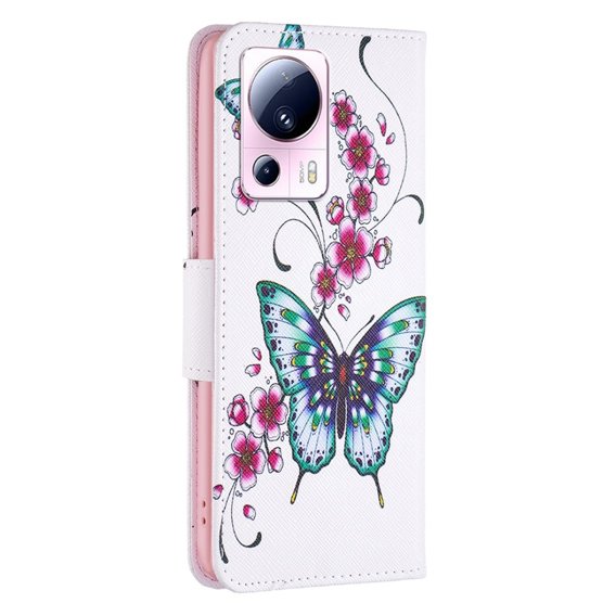 Cu clapetă pentru Xiaomi 13 Lite, Wallet, butterfly & flowers, alb