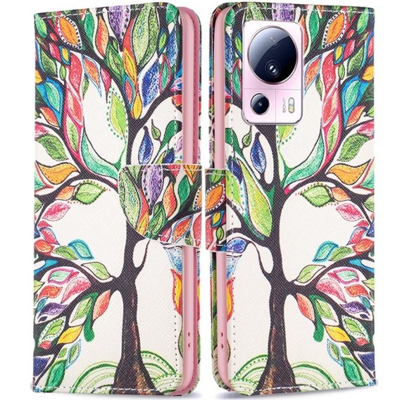 Cu clapetă pentru Xiaomi 13 Lite, Wallet, tree of life, alb