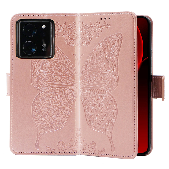 Cu clapetă pentru Xiaomi 13T / 13T Pro, Butterfly, roz rose gold