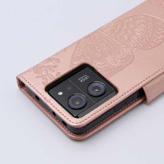 Cu clapetă pentru Xiaomi 13T / 13T Pro, Butterfly, roz rose gold