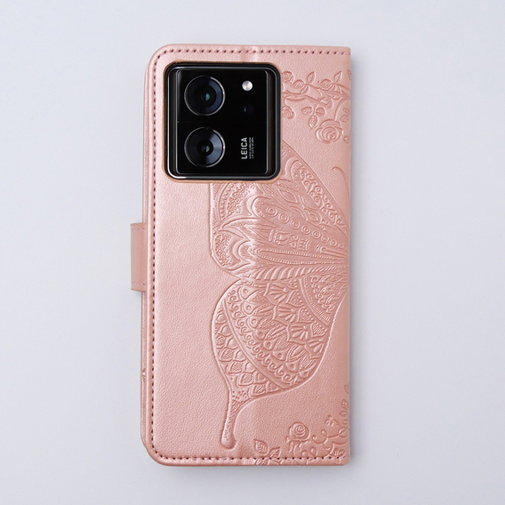 Cu clapetă pentru Xiaomi 13T / 13T Pro, Butterfly, roz rose gold