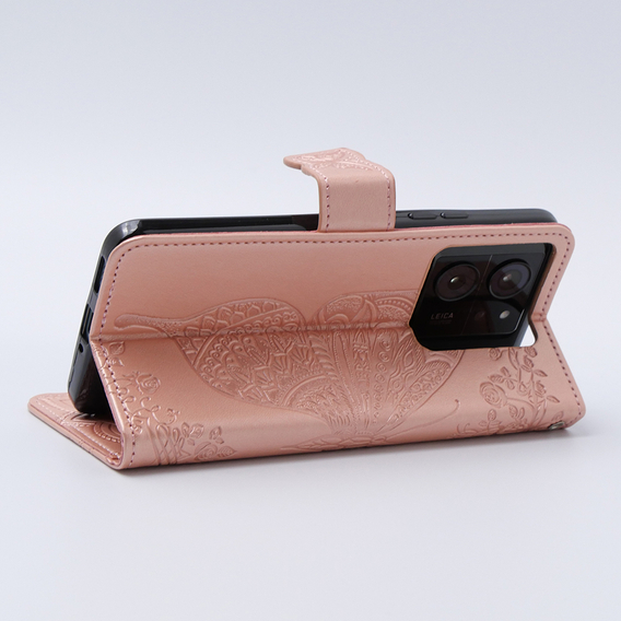 Cu clapetă pentru Xiaomi 13T / 13T Pro, Butterfly, roz rose gold