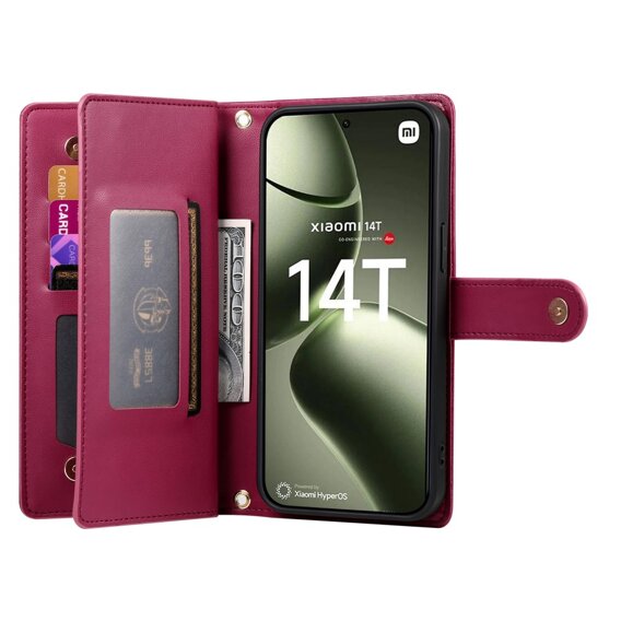 Cu clapetă pentru Xiaomi 14T, Wallet Zipper Pocket, roșu