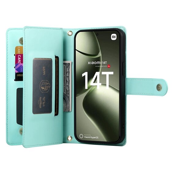 Cu clapetă pentru Xiaomi 14T, Wallet Zipper Pocket, verde