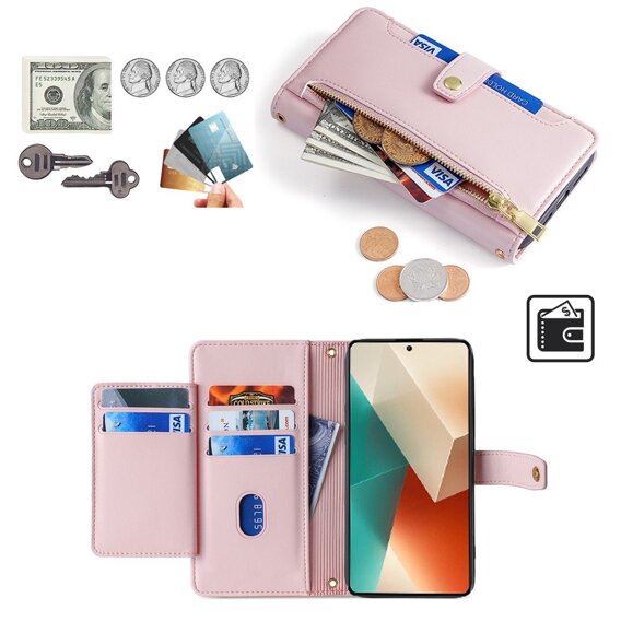 Cu clapetă pentru Xiaomi Redmi Note 13 5G, Wallet Zipper Pocket, roz