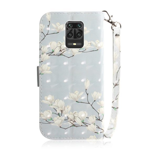 Cu clapetă pentru Xiaomi Redmi Note 9S / 9 Pro / 9 Pro Max, magnolia flowers, alb