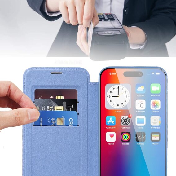 Cu clapetă pentru iPhone 16, RFID Wallet MagSafe CamShield, albastru