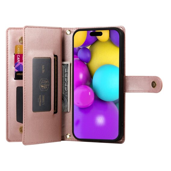 Cu clapetă pentru iPhone 16, Wallet Zipper Pocket, roz