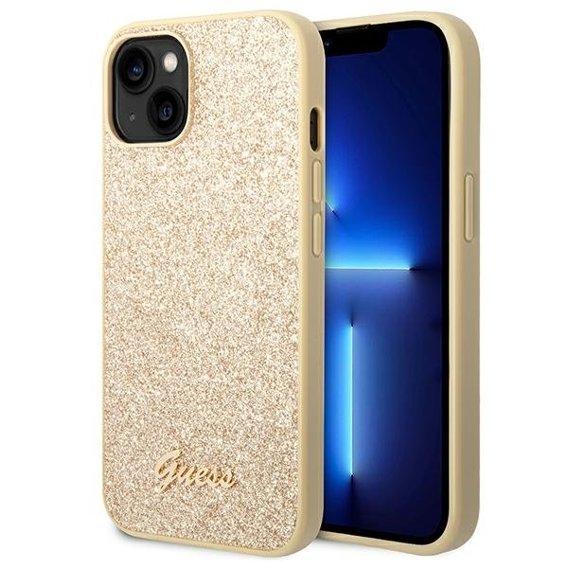 GUESS Huse pentru iPhone 14 Plus, Glitter Script Hardcase, de aur