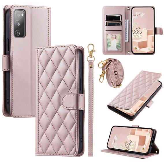 Husă cu clapetă pentru Samsung Galaxy S20 FE, Rhombus Crossbody Leather, roz rose gold