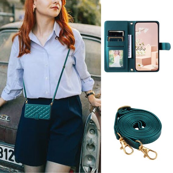 Husă cu clapetă pentru Xiaomi Redmi Note 13 Pro 4G, Rhombus Crossbody Leather, verde închis